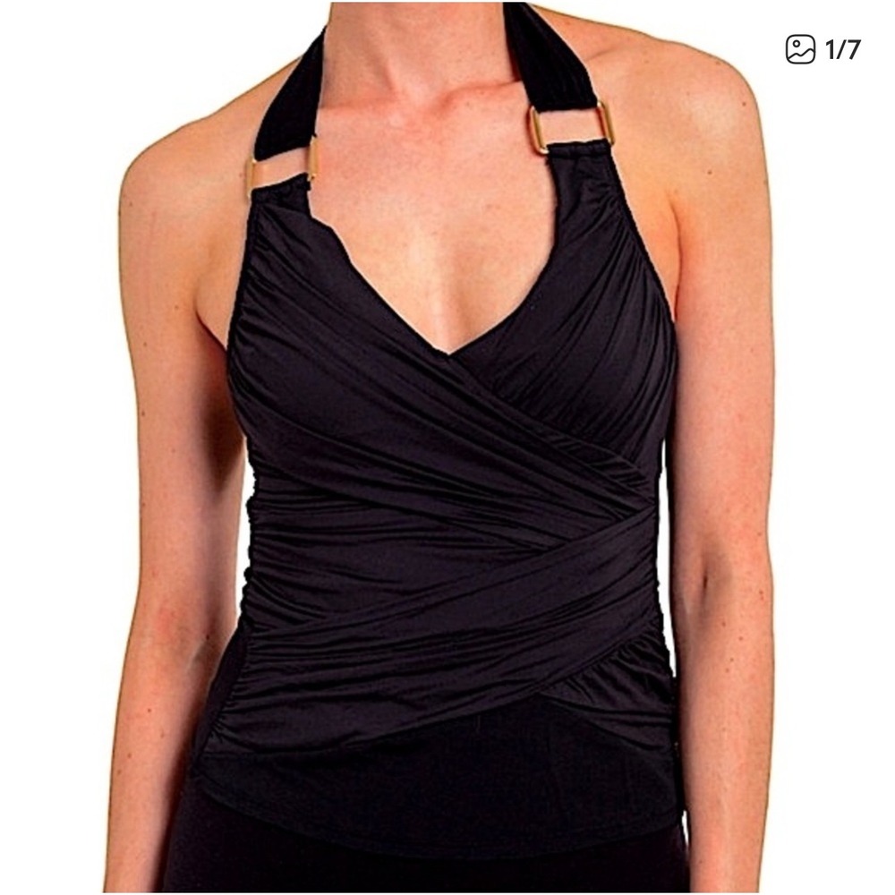 SPANX Draped Tankini Swim Top Black Halter Gold Accent Size 10 NWT